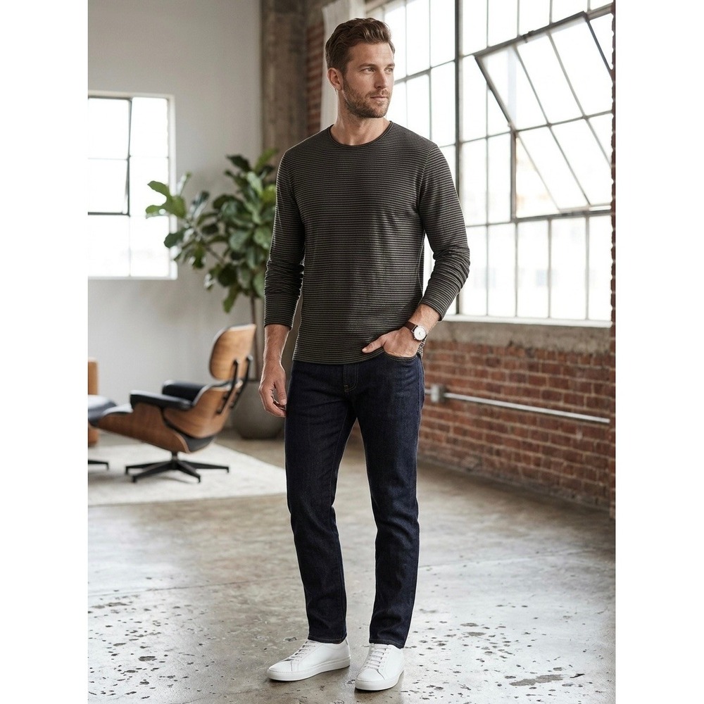 Vince Mens Olive Green Black Striped Long Sleeve Cotton Modal T-Shirt Size L
